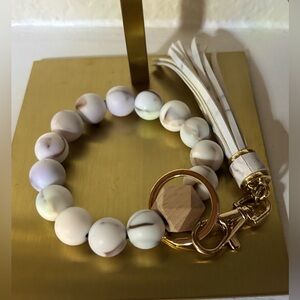 Marble Design Beaded Bag Charm Keychain with Gold Clasp and Tassel
